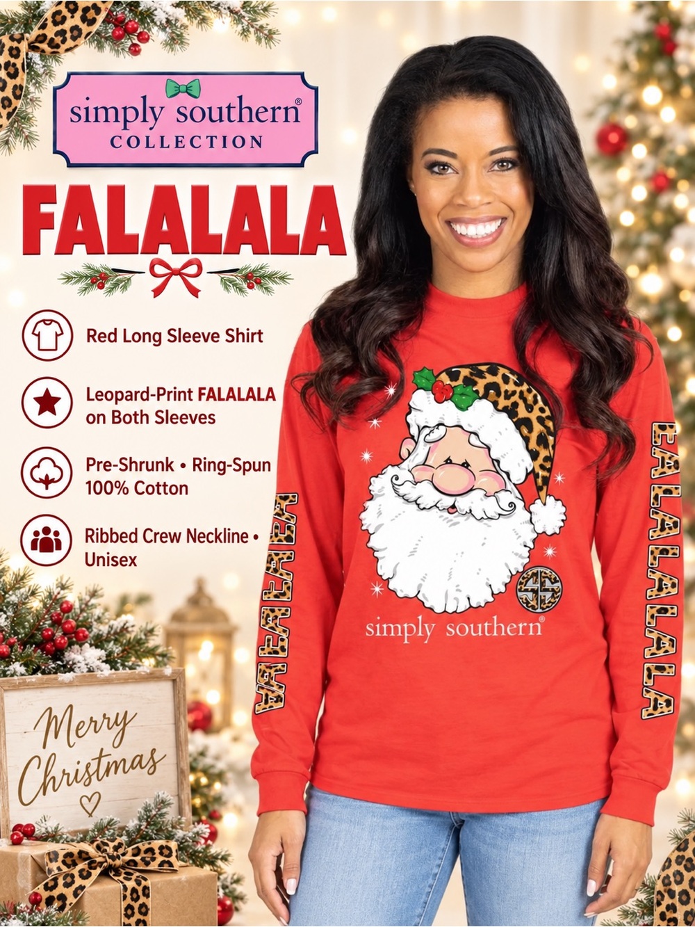 Simply Southern Festive Red Santa Shirt with Cheetah hat Christmas NEW